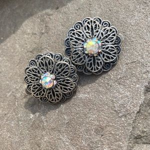 Gorgeous filigree & Aurora Borealis clip earrings